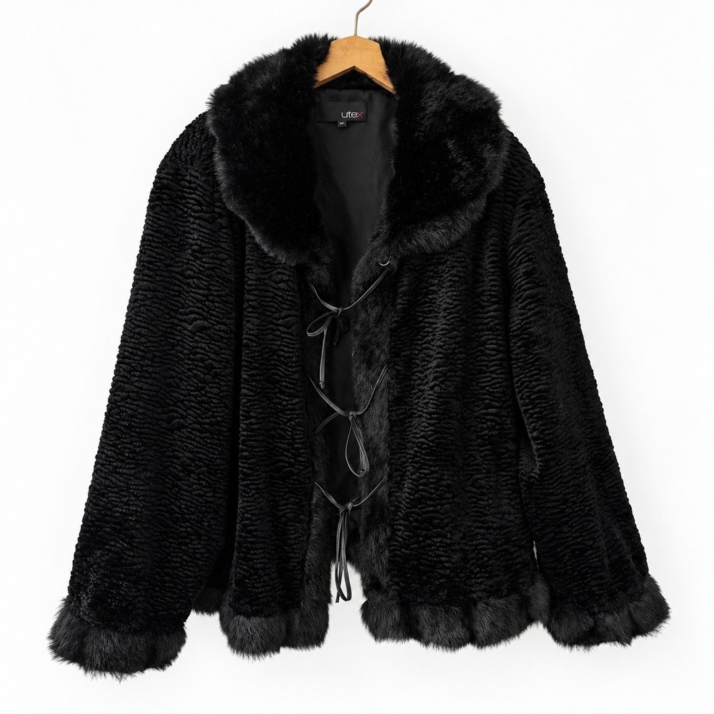 Black Faux Fur Coat 3X Y2K Mob Wife Glam Tie Front Plush Persian Lamb Jacket